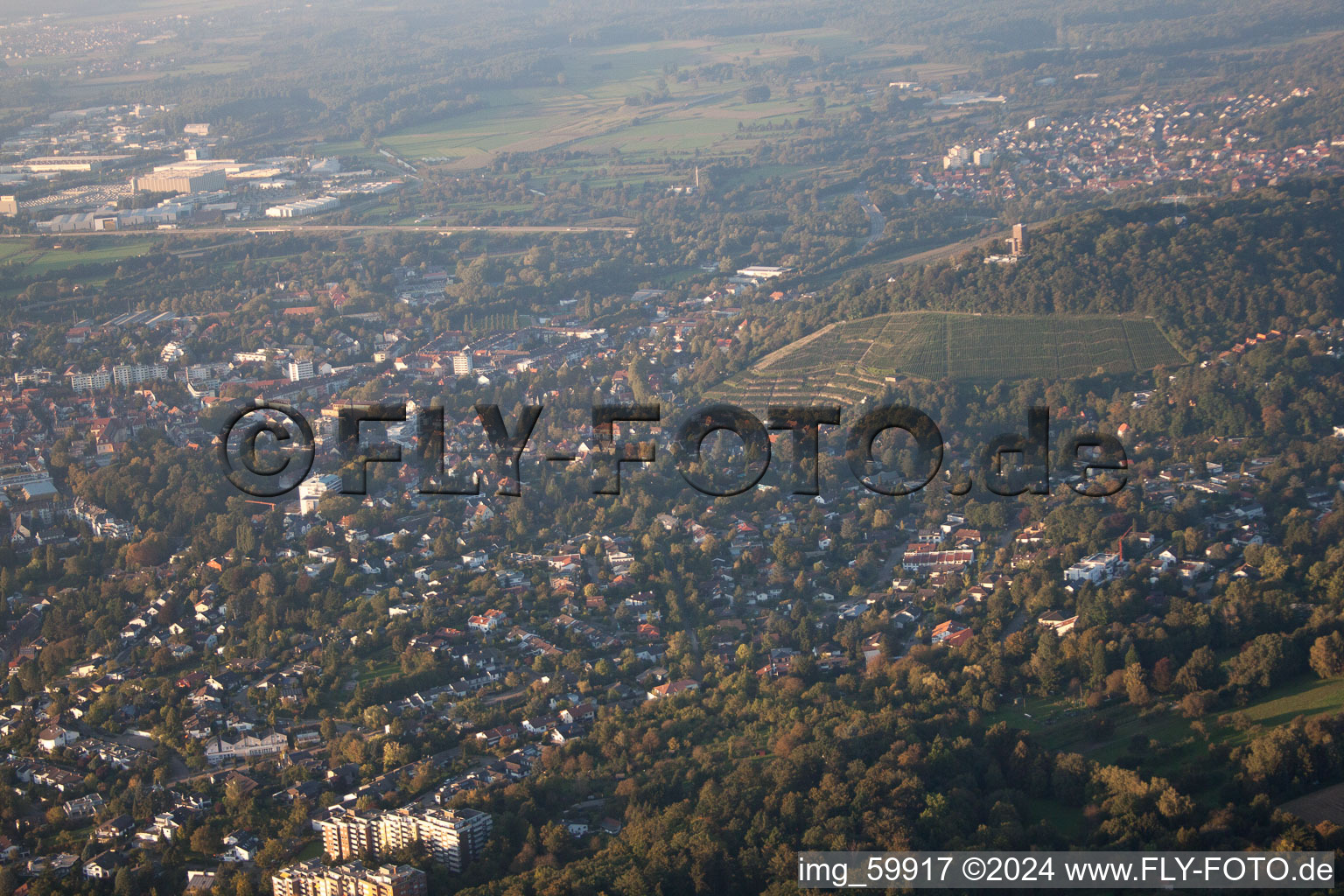 Turmberg in the district Durlach in Karlsruhe in the state Baden-Wuerttemberg, Germany seen from above