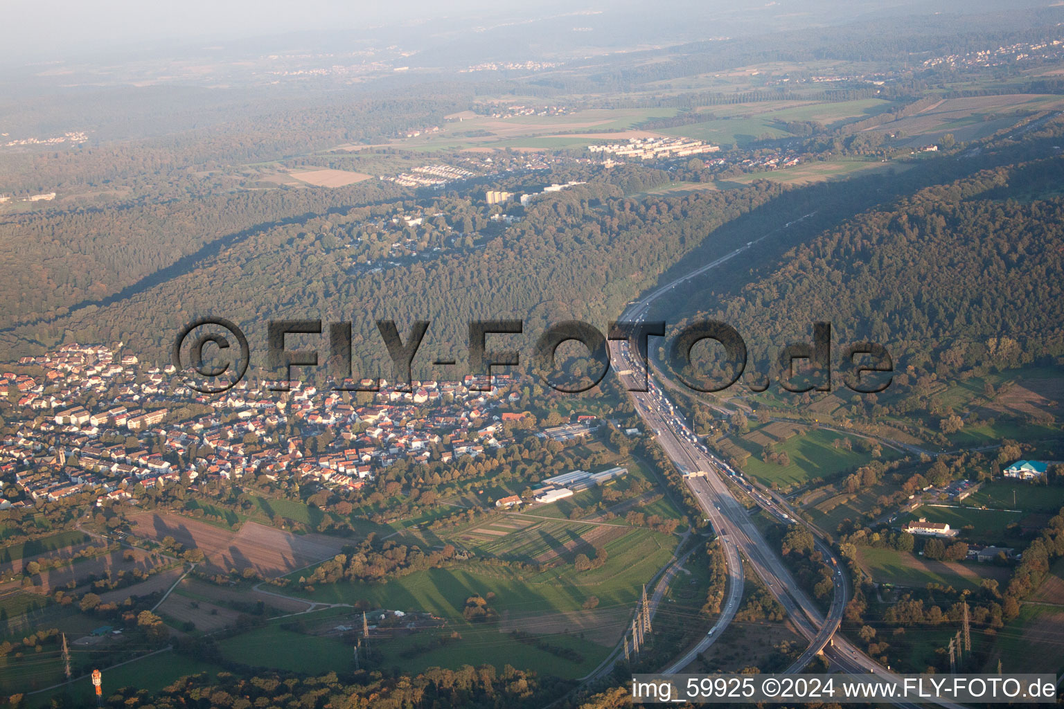 Aerial view of Motorway A6 in the district Wolfartsweier in Karlsruhe in the state Baden-Wuerttemberg, Germany