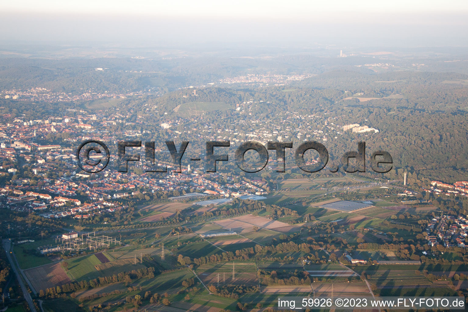 Tower Mountain in the district Durlach in Karlsruhe in the state Baden-Wuerttemberg, Germany from the plane