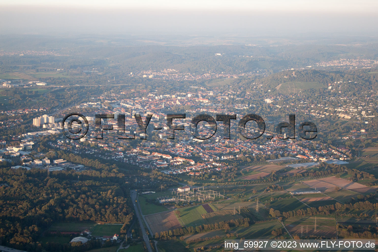 Bird's eye view of Tower Mountain in the district Durlach in Karlsruhe in the state Baden-Wuerttemberg, Germany