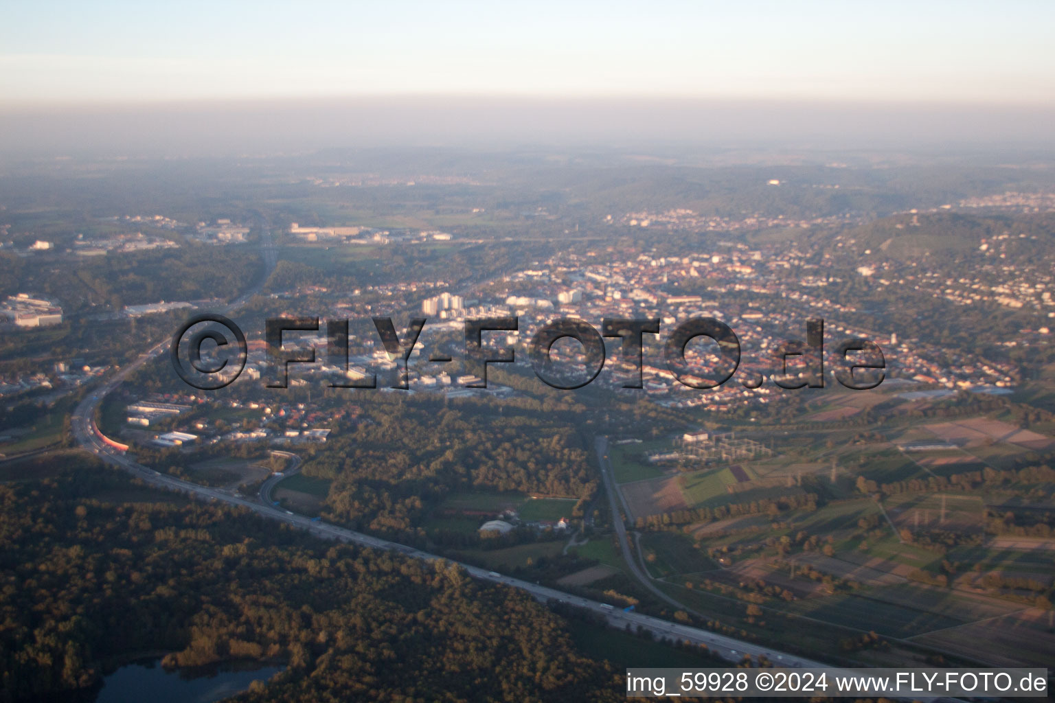 Turmberg in the district Durlach in Karlsruhe in the state Baden-Wuerttemberg, Germany viewn from the air