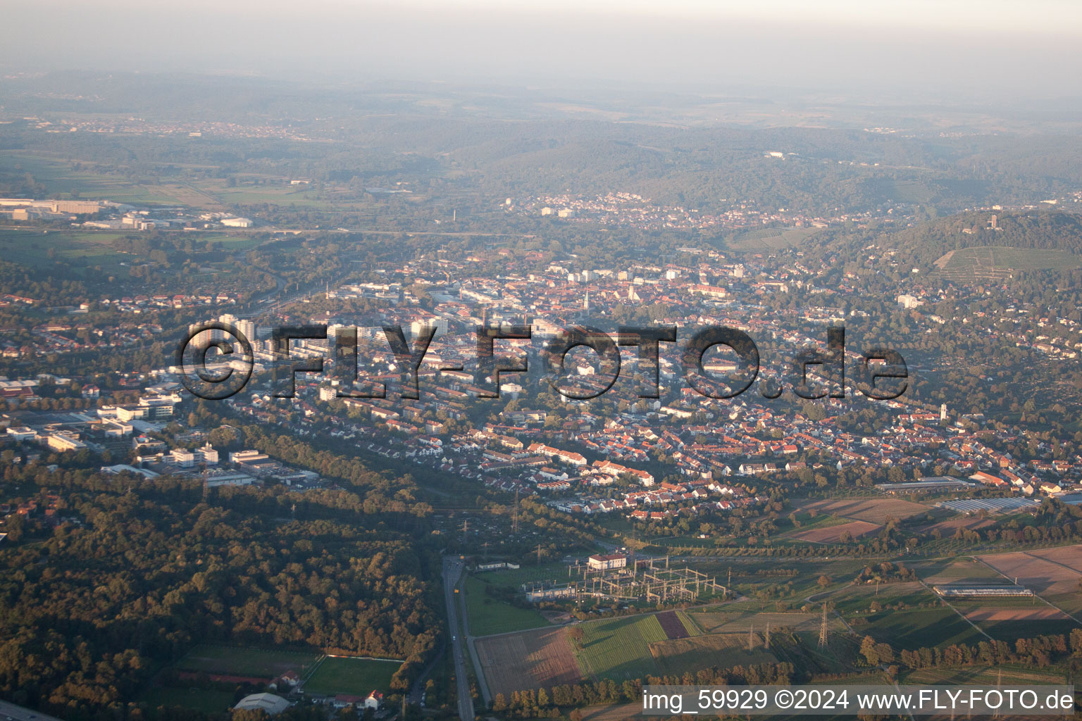 Drone recording of Tower Mountain in the district Durlach in Karlsruhe in the state Baden-Wuerttemberg, Germany