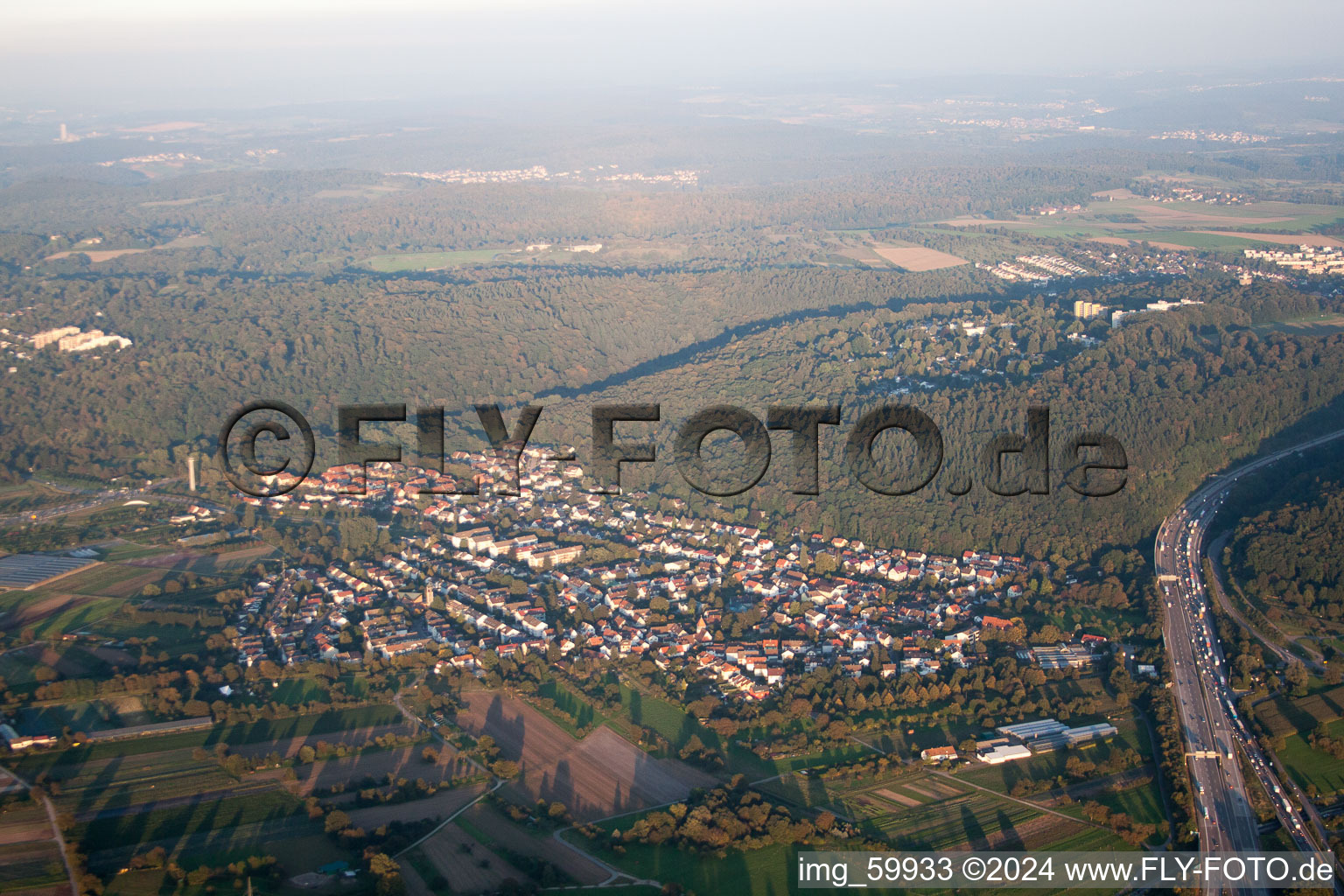 Aerial photograpy of Motorway A6 in the district Wolfartsweier in Karlsruhe in the state Baden-Wuerttemberg, Germany