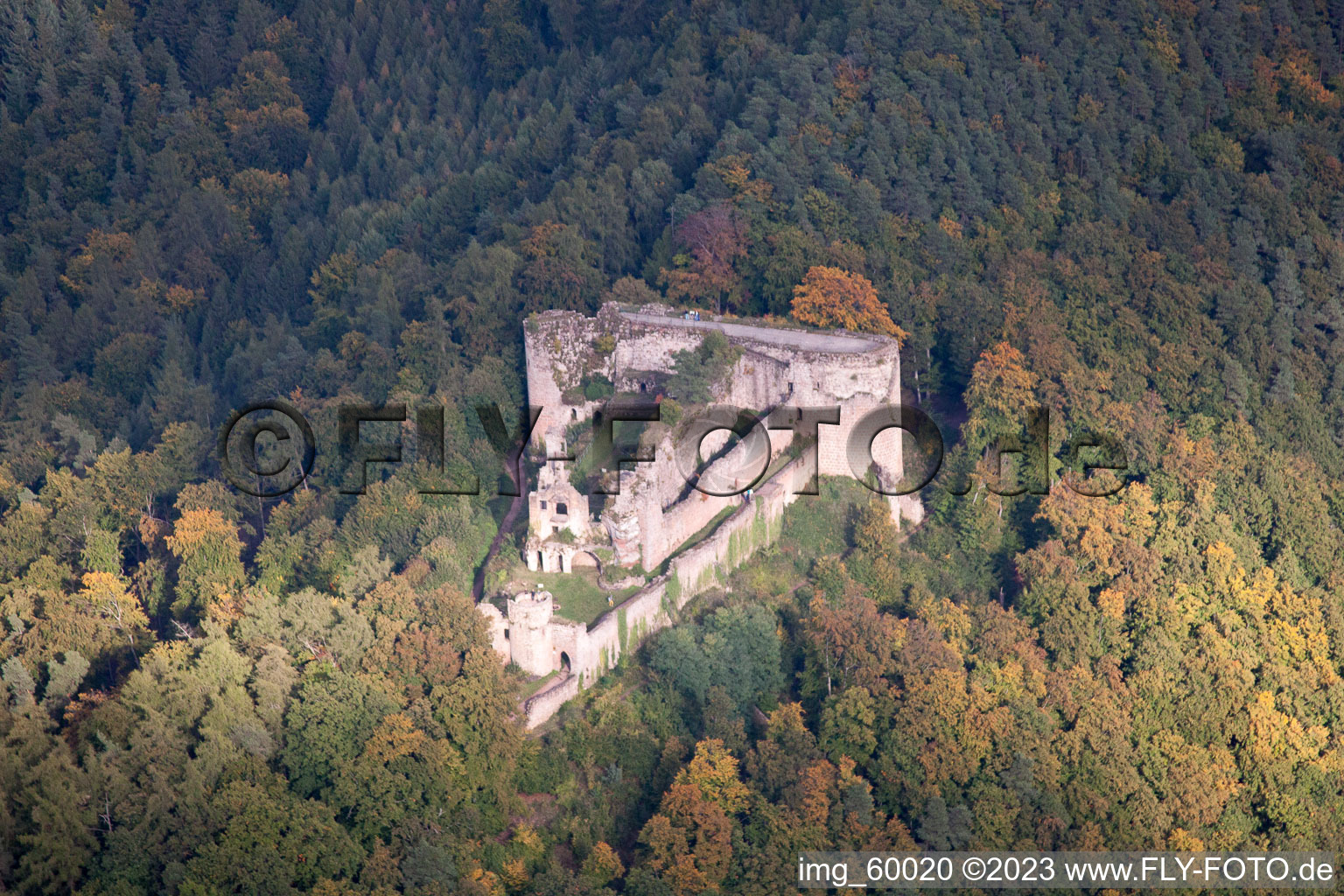 Oblique view of Neuscharfeneck ruins in Dernbach in the state Rhineland-Palatinate, Germany