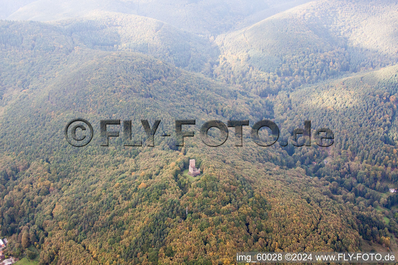 Aerial view of Ramburg Castle in Ramberg in the state Rhineland-Palatinate, Germany