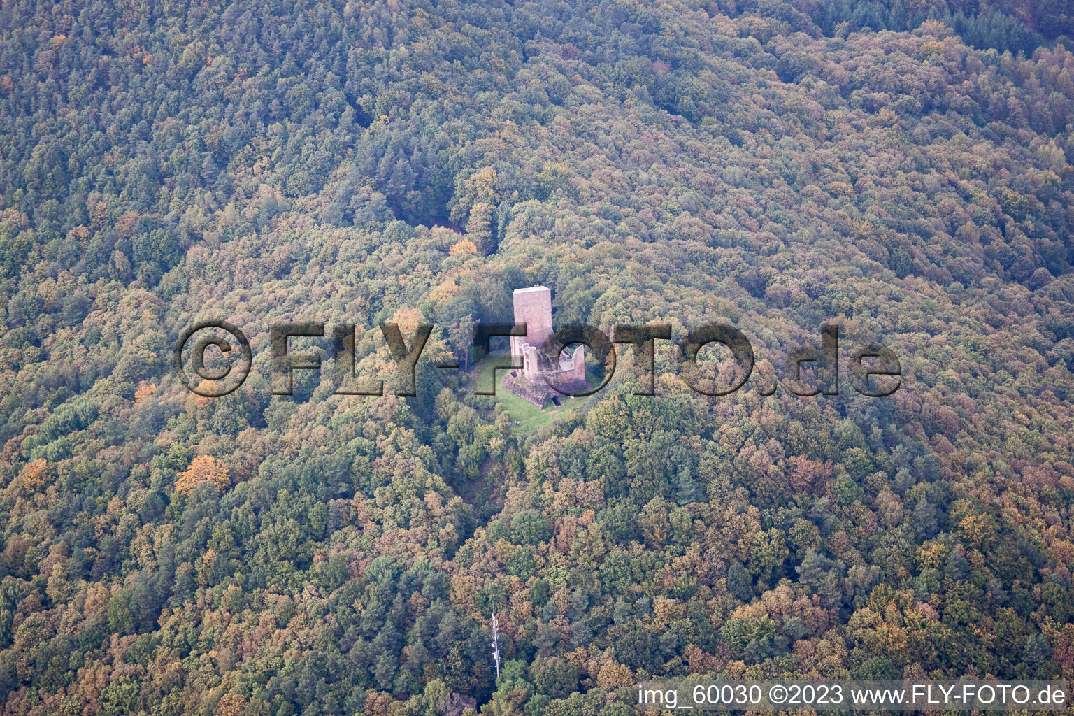 Aerial photograpy of Ramburg Castle in Ramberg in the state Rhineland-Palatinate, Germany