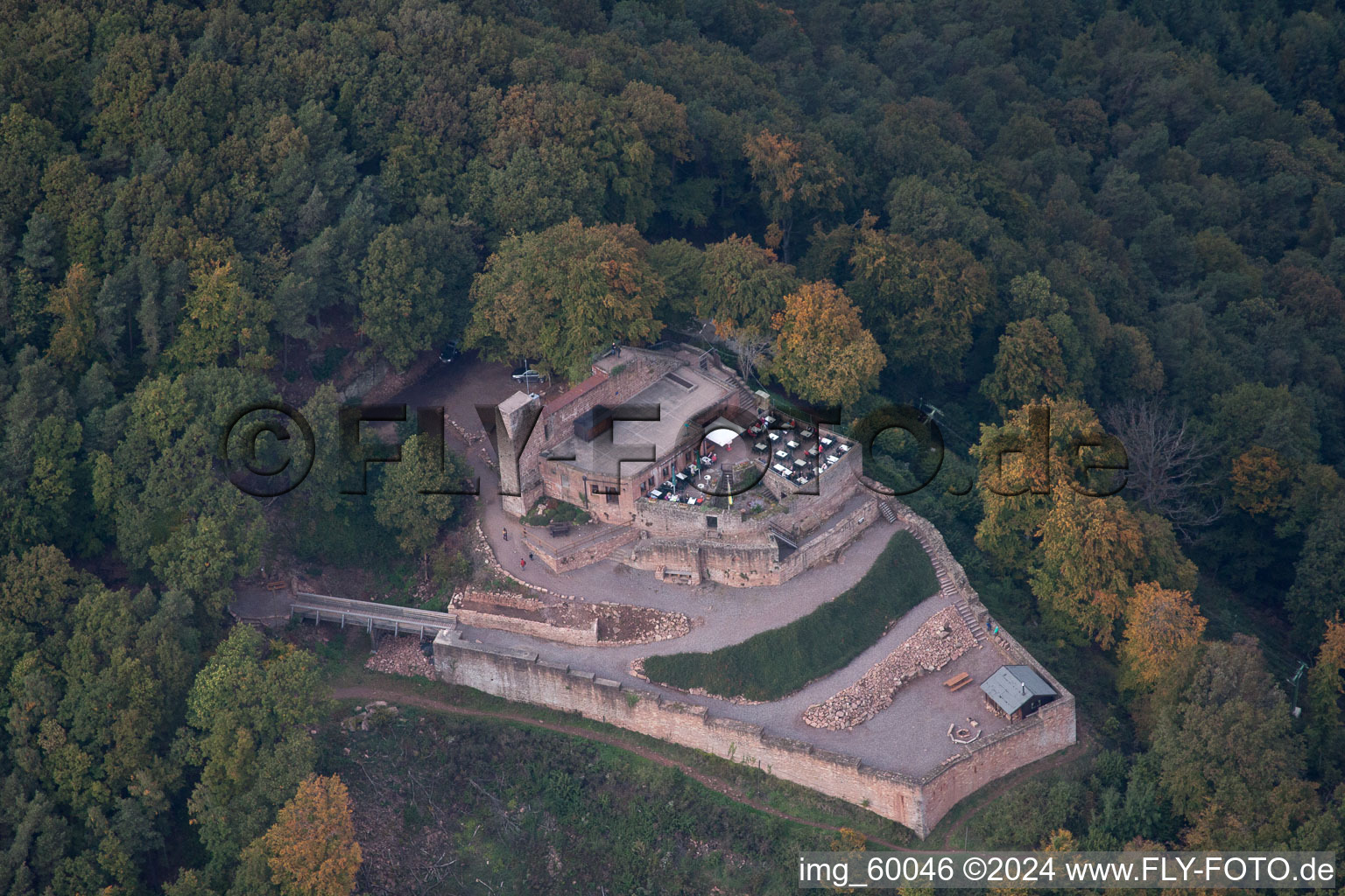 Aerial view of Rhodt, The Rietburg in Rhodt unter Rietburg in the state Rhineland-Palatinate, Germany