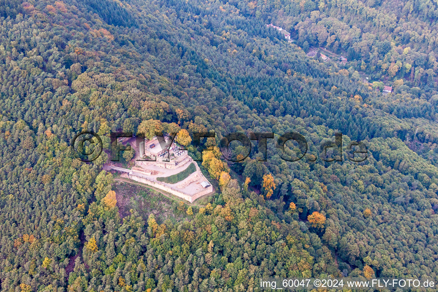 Aerial view of Ruins and vestiges of the former castle and fortress Burgruine Rietburg in Rhodt unter Rietburg in the state Rhineland-Palatinate, Germany