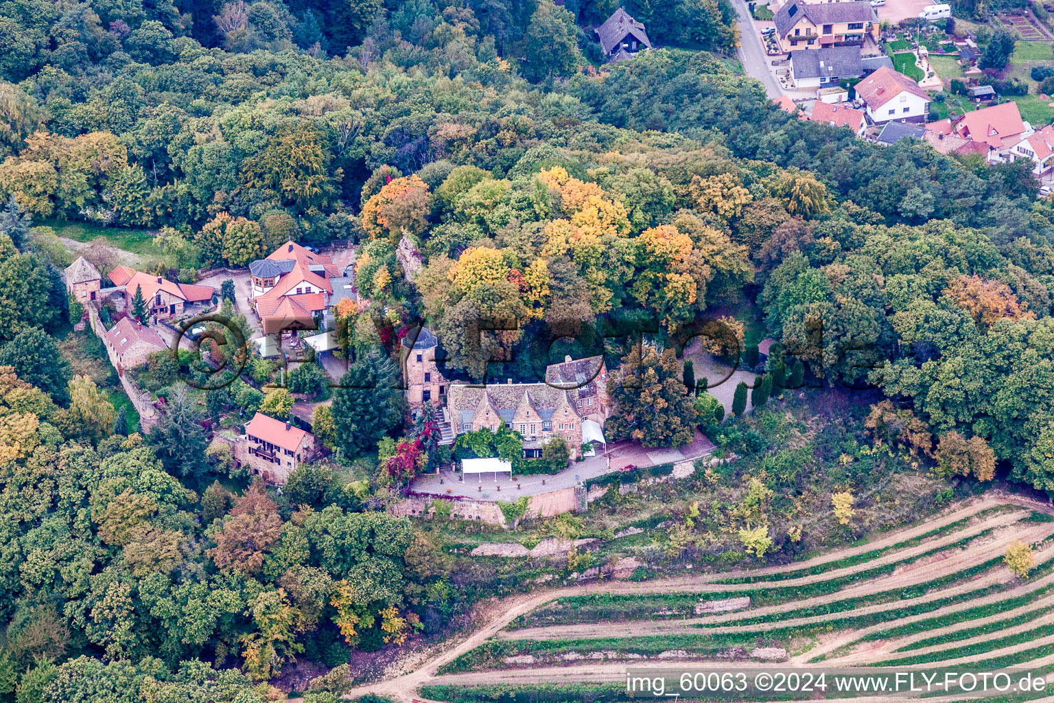 Aerial photograpy of Building of the restaurant Schloss Kropsburg in Sankt Martin in the state Rhineland-Palatinate, Germany