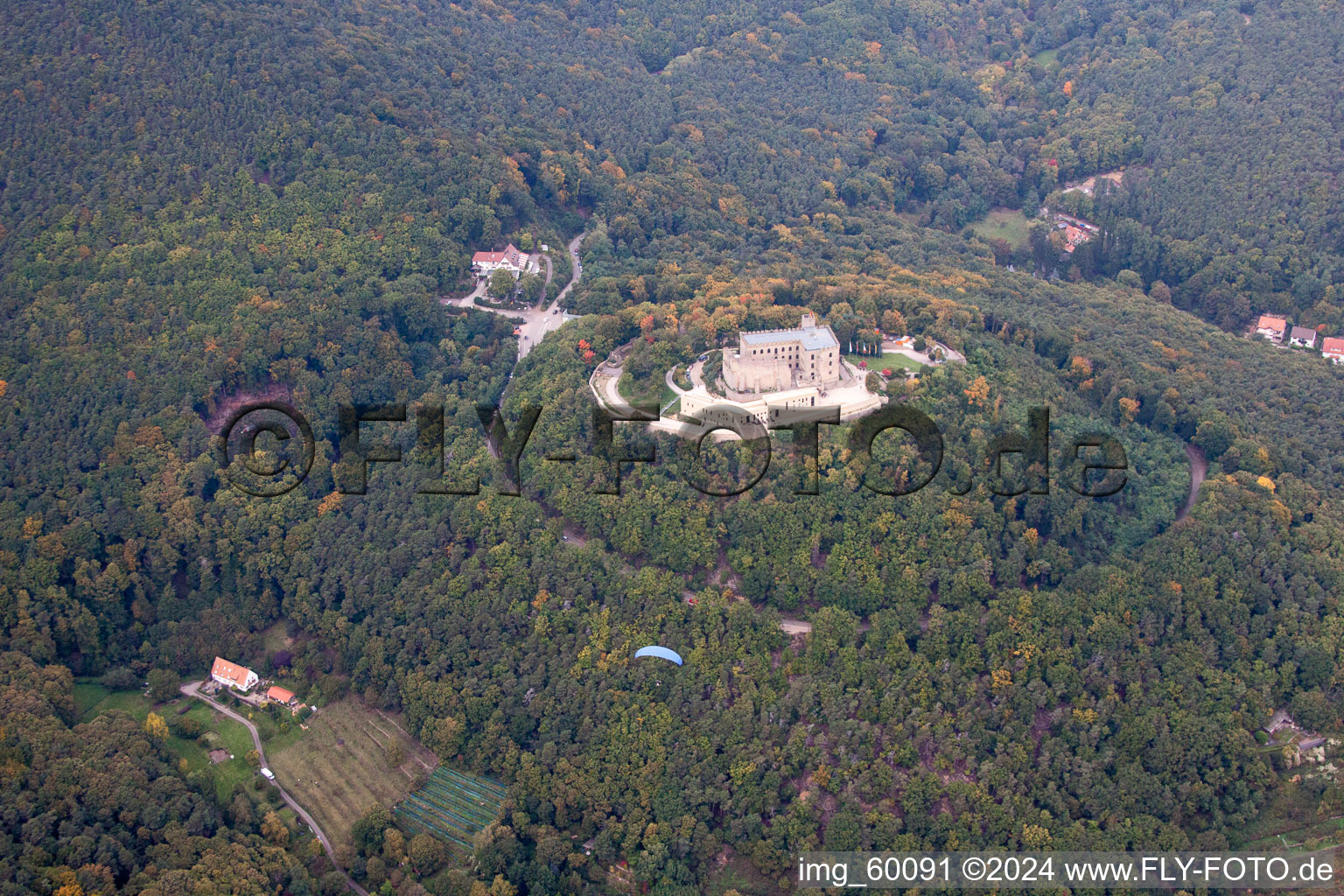 Aerial photograpy of Castle of Schloss Hambacher Schloss in Neustadt an der Weinstrasse in the state Rhineland-Palatinate, Germany