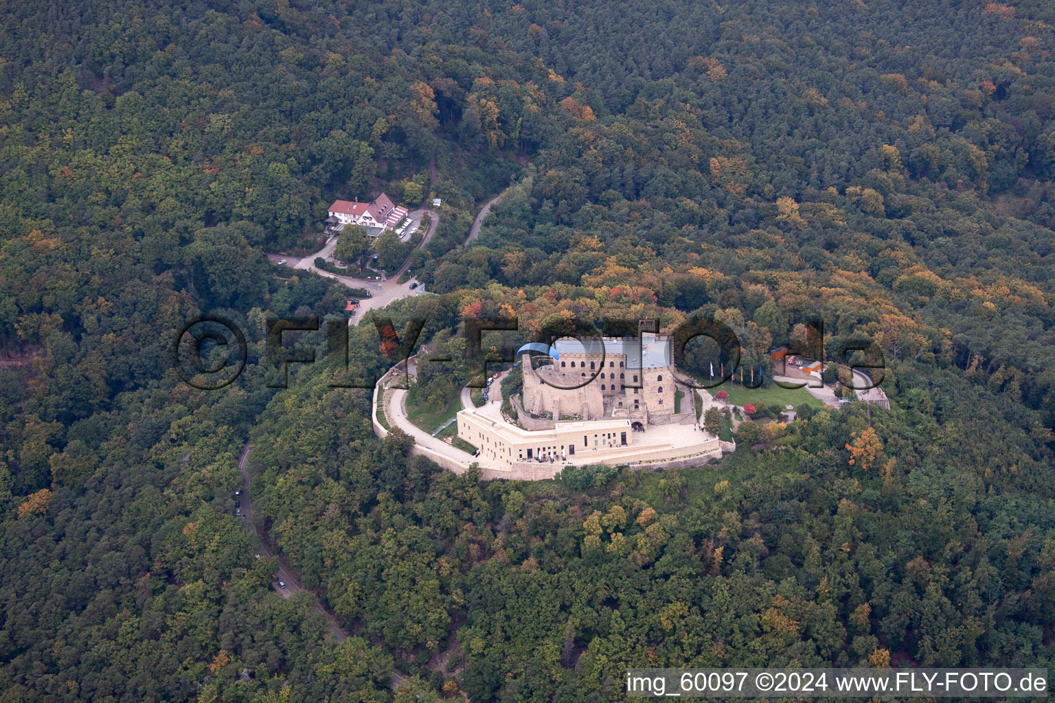 Hambach Castle in the district Diedesfeld in Neustadt an der Weinstraße in the state Rhineland-Palatinate, Germany from the plane