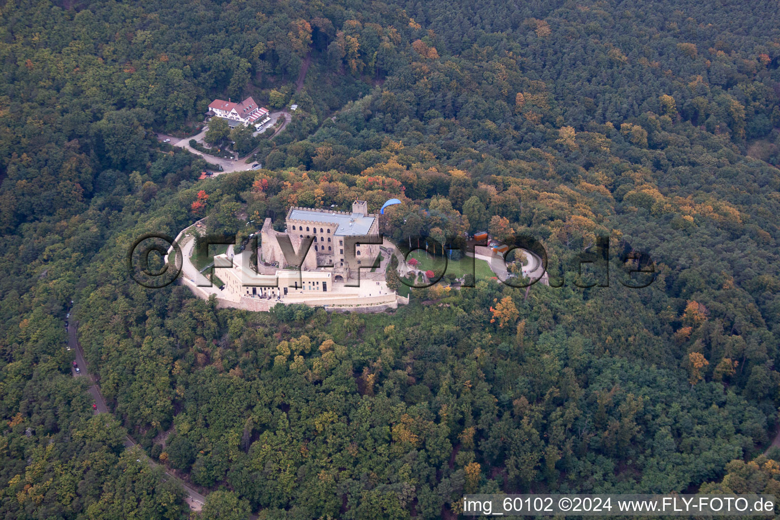 Hambach Castle in the district Diedesfeld in Neustadt an der Weinstraße in the state Rhineland-Palatinate, Germany viewn from the air