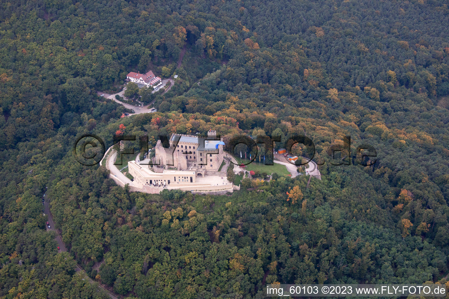 Drone recording of Hambach Castle in the district Diedesfeld in Neustadt an der Weinstraße in the state Rhineland-Palatinate, Germany