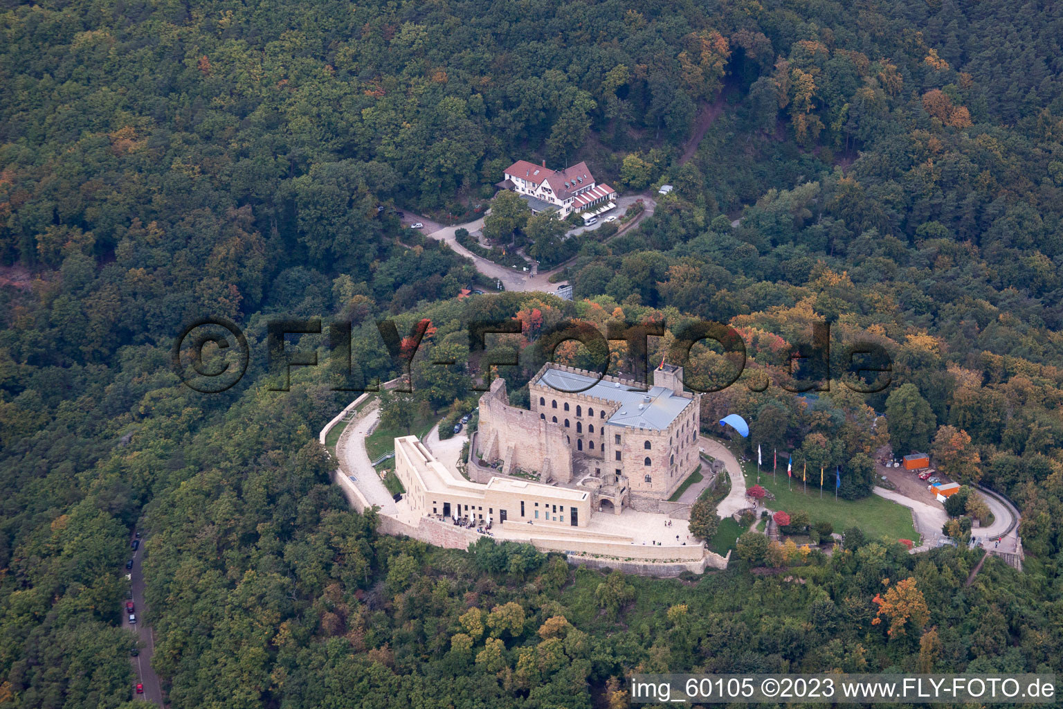 Hambach Castle in the district Diedesfeld in Neustadt an der Weinstraße in the state Rhineland-Palatinate, Germany from the drone perspective