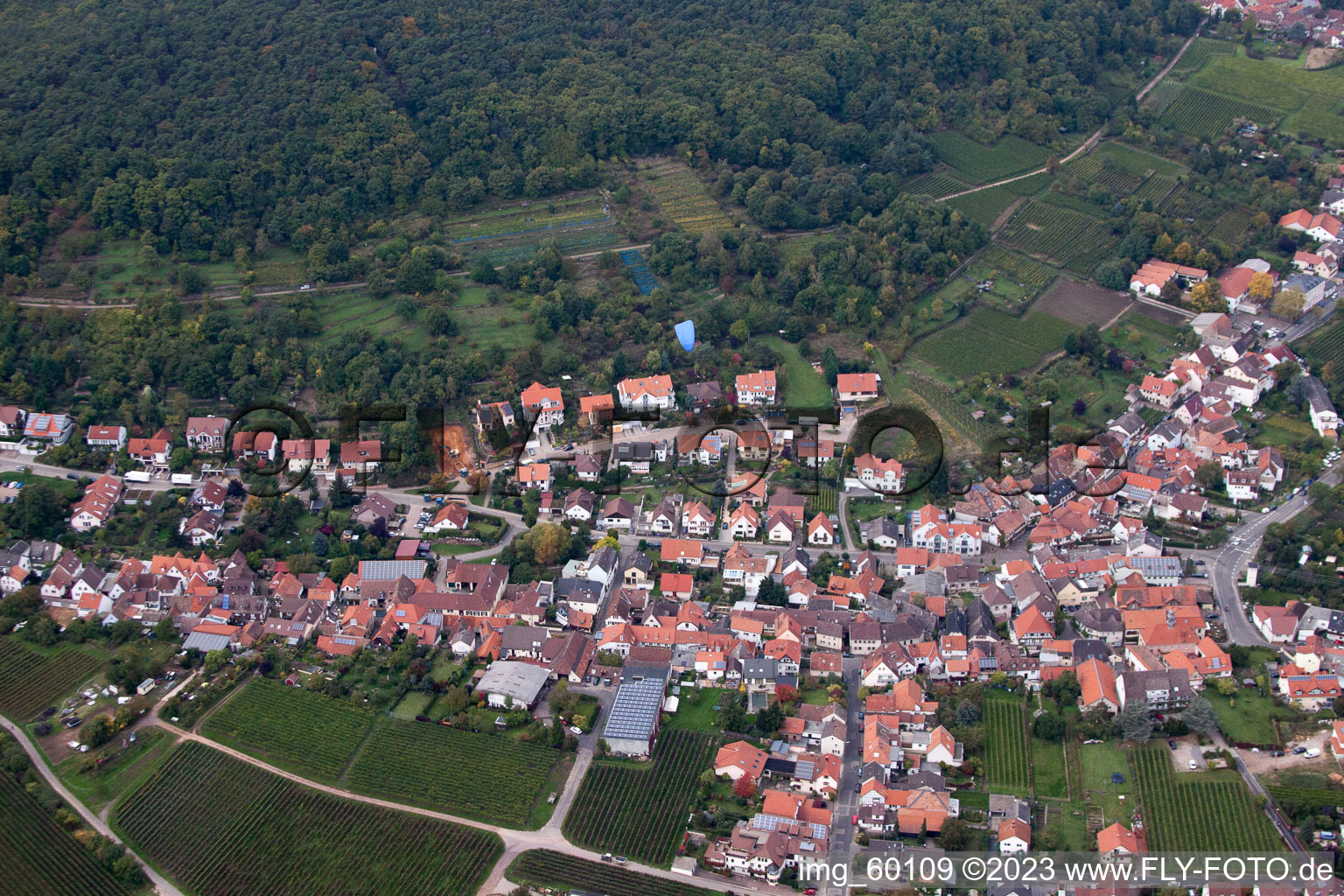 Drone recording of District Diedesfeld in Neustadt an der Weinstraße in the state Rhineland-Palatinate, Germany