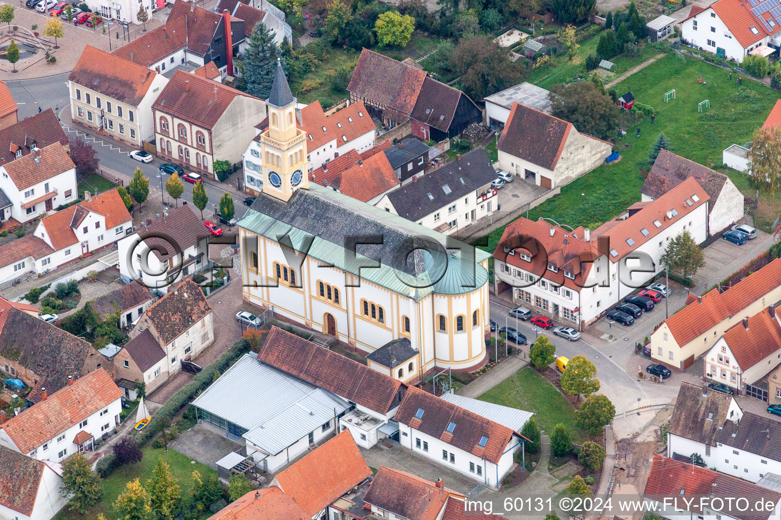 Oblique view of Church building in the village of in Lingenfeld in the state Rhineland-Palatinate, Germany