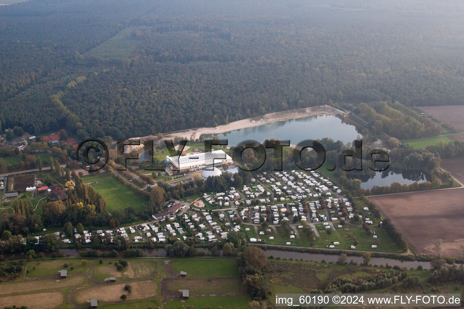 Aerial view of Campsite at the Moby Dick leisure centre in Rülzheim in the state Rhineland-Palatinate, Germany