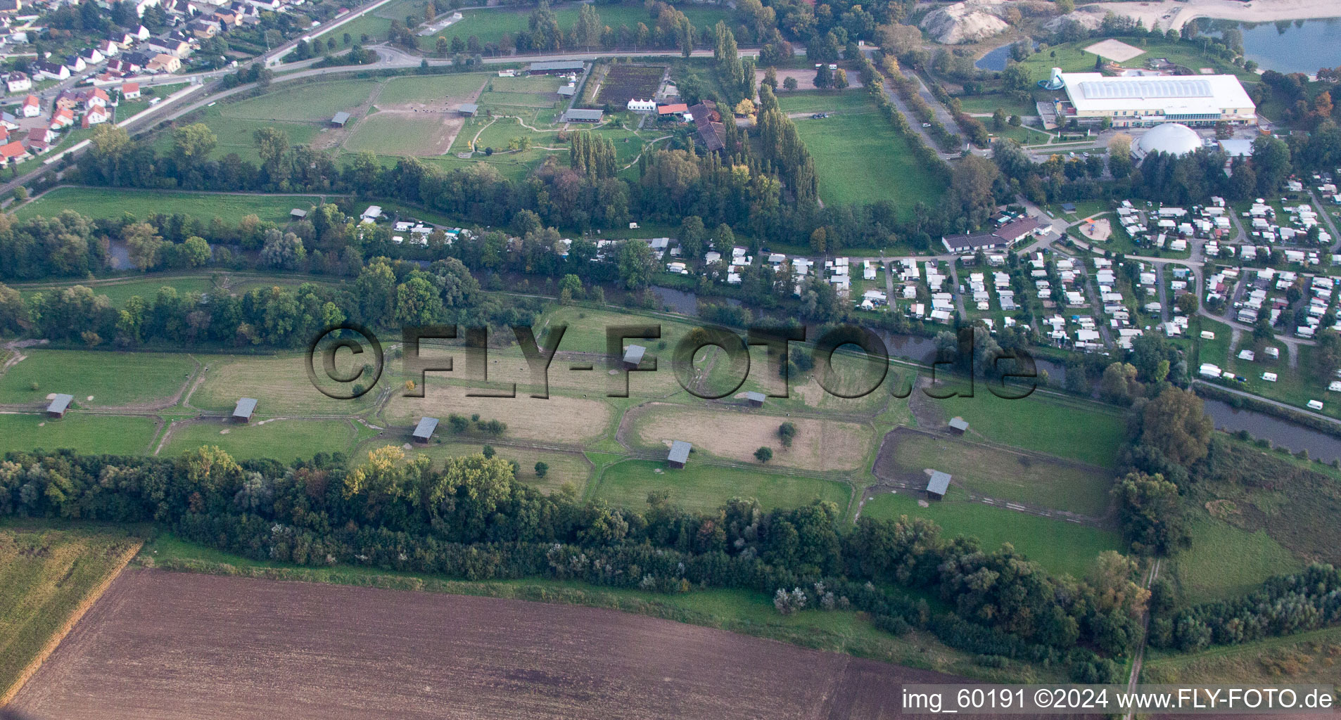 Mhou ostrich farm at the Moby Dick leisure centre in Rülzheim in the state Rhineland-Palatinate, Germany from above