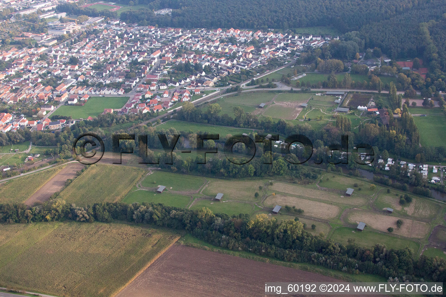 Mhou ostrich farm at the Moby Dick leisure centre in Rülzheim in the state Rhineland-Palatinate, Germany out of the air