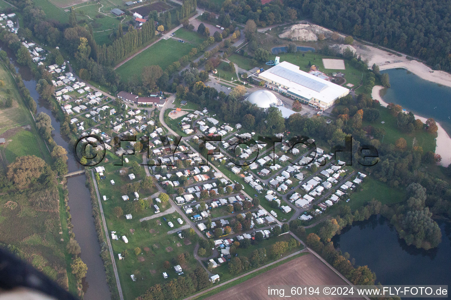 Aerial photograpy of Campsite at the Moby Dick leisure centre in Rülzheim in the state Rhineland-Palatinate, Germany