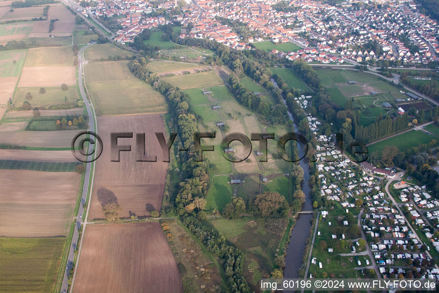 Mhou ostrich farm at the Moby Dick leisure centre in Rülzheim in the state Rhineland-Palatinate, Germany seen from above