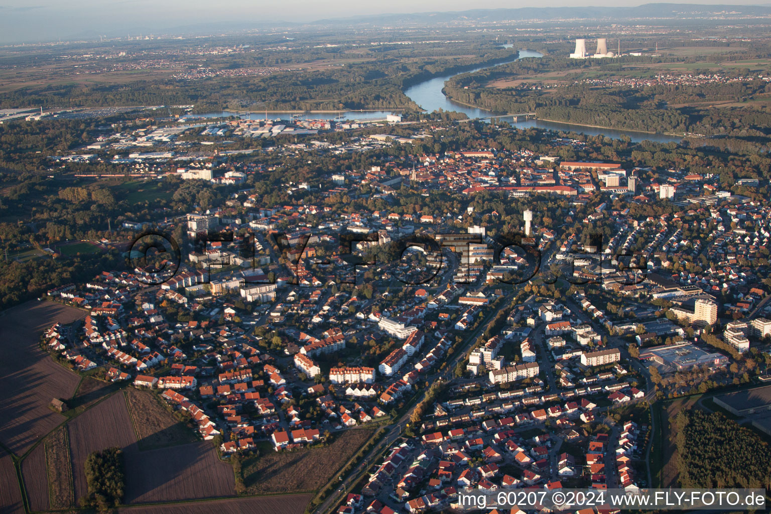 Aerial photograpy of City view on the river bank of the Rhine river in Germersheim in the state Rhineland-Palatinate, Germany