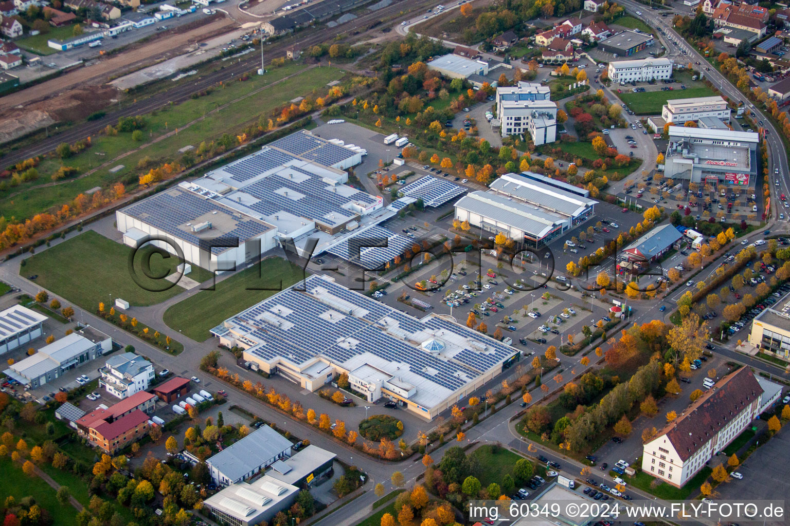 Aerial view of South commercial area in the district Queichheim in Landau in der Pfalz in the state Rhineland-Palatinate, Germany