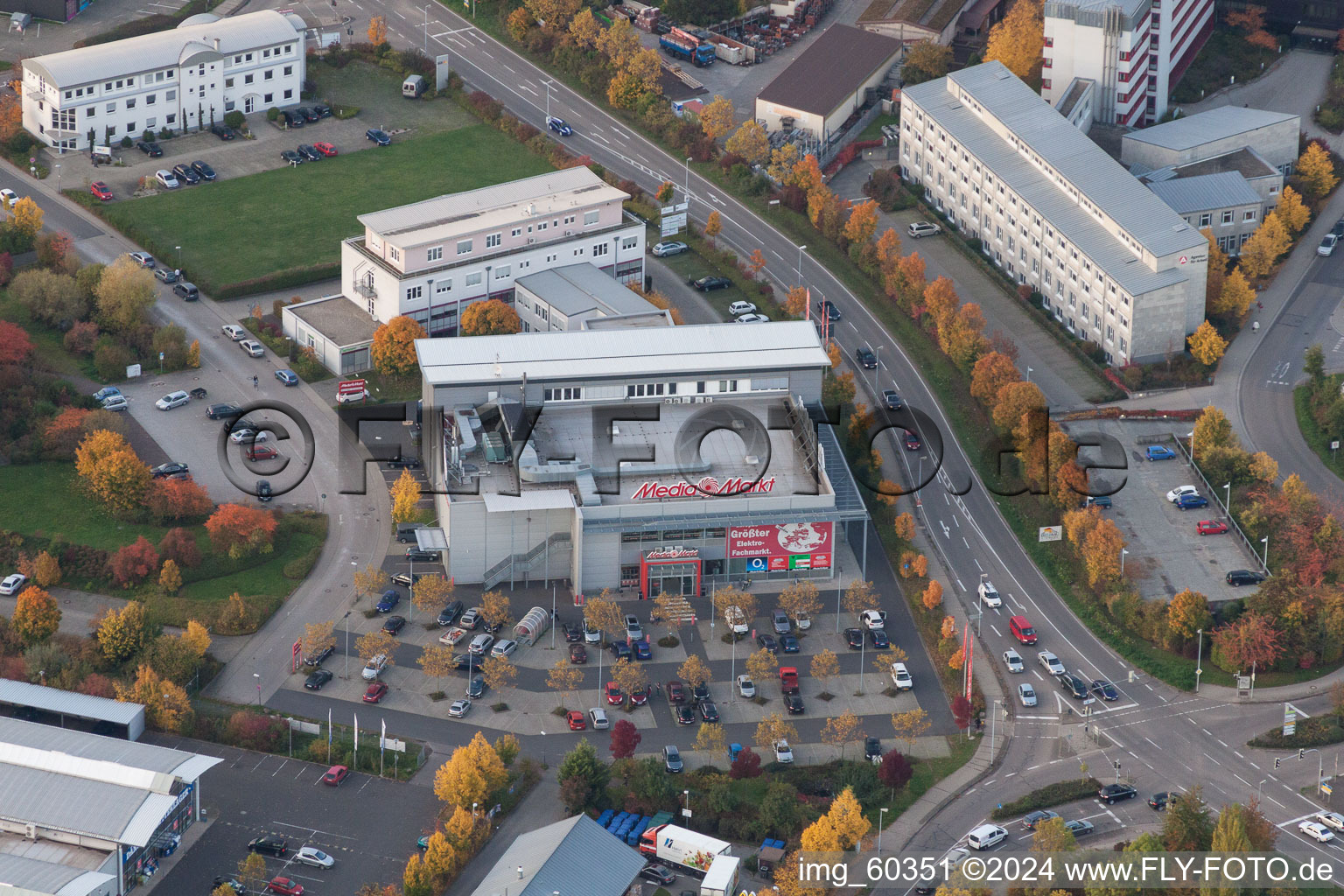 Aerial view of Building of the shopping center MediaMarkt Landau in the district Queichheim in Landau in der Pfalz in the state Rhineland-Palatinate, Germany