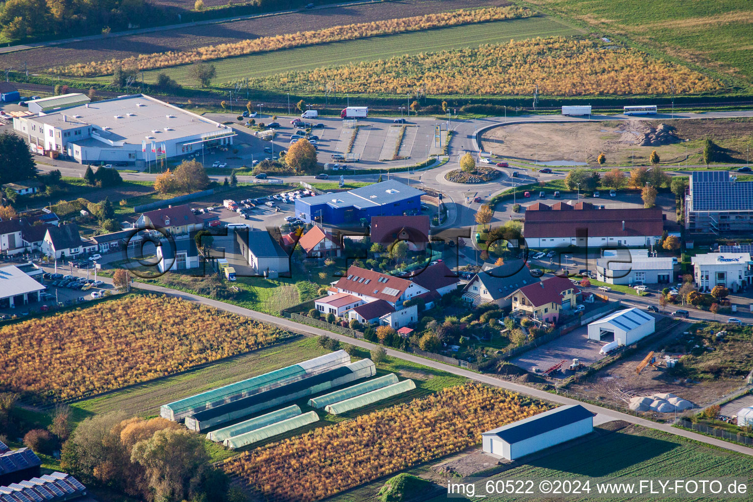 Oblique view of N, industrial area in Rülzheim in the state Rhineland-Palatinate, Germany