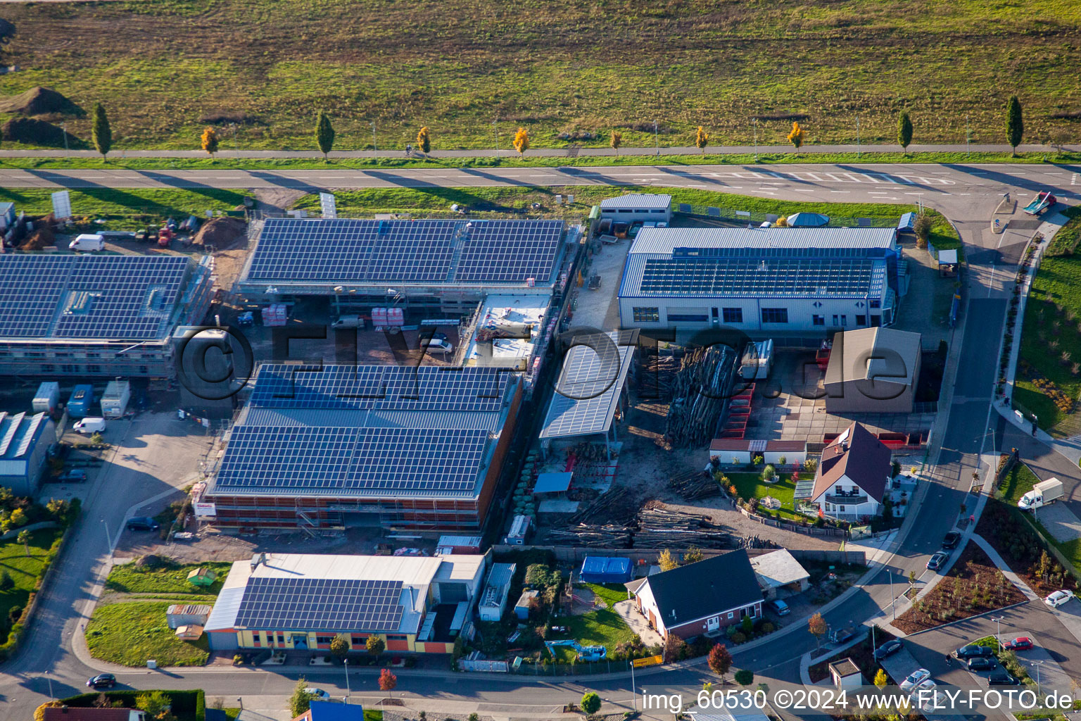 Drone recording of N, industrial area in Rülzheim in the state Rhineland-Palatinate, Germany