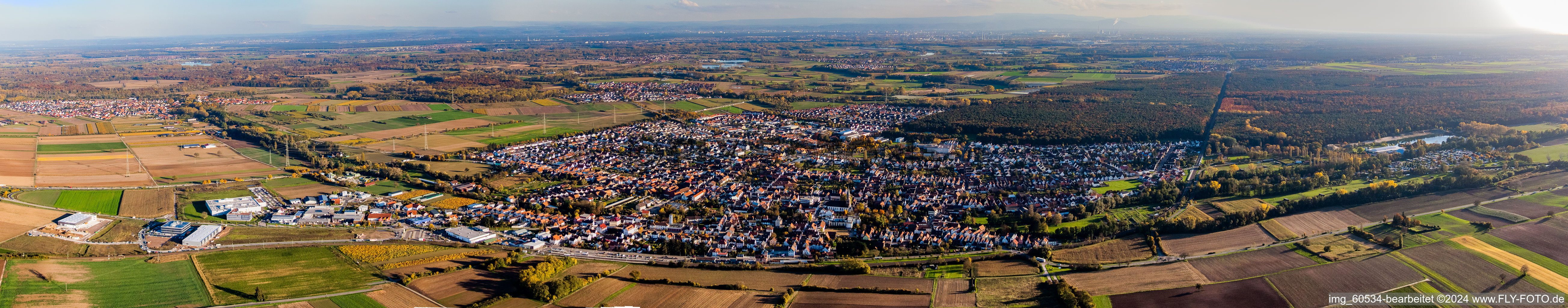 Panoramic perspective Town View of the streets and houses of the residential areas in Ruelzheim in the state Rhineland-Palatinate, Germany