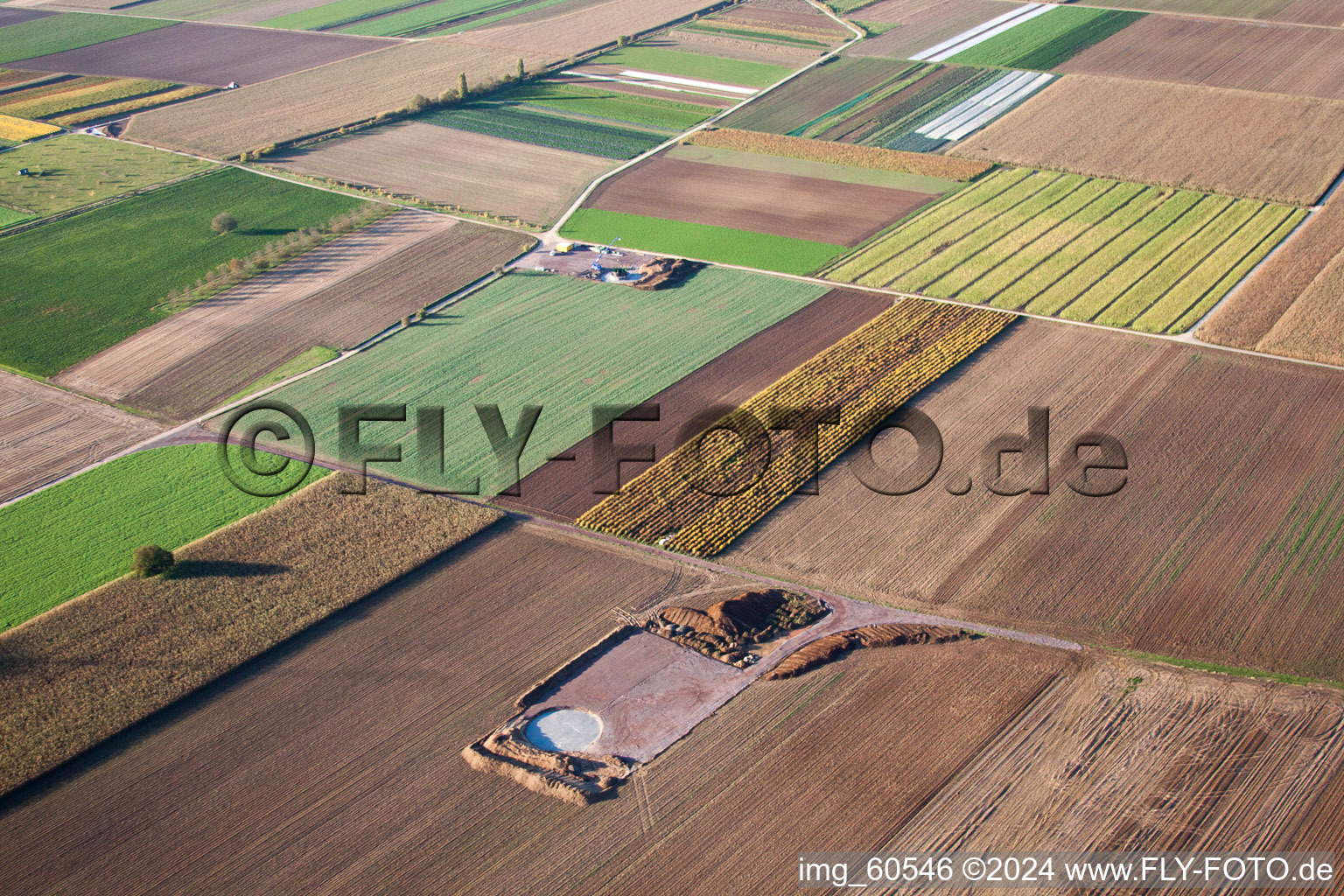 Aerial view of Wind turbine foundations in Offenbach an der Queich in the state Rhineland-Palatinate, Germany