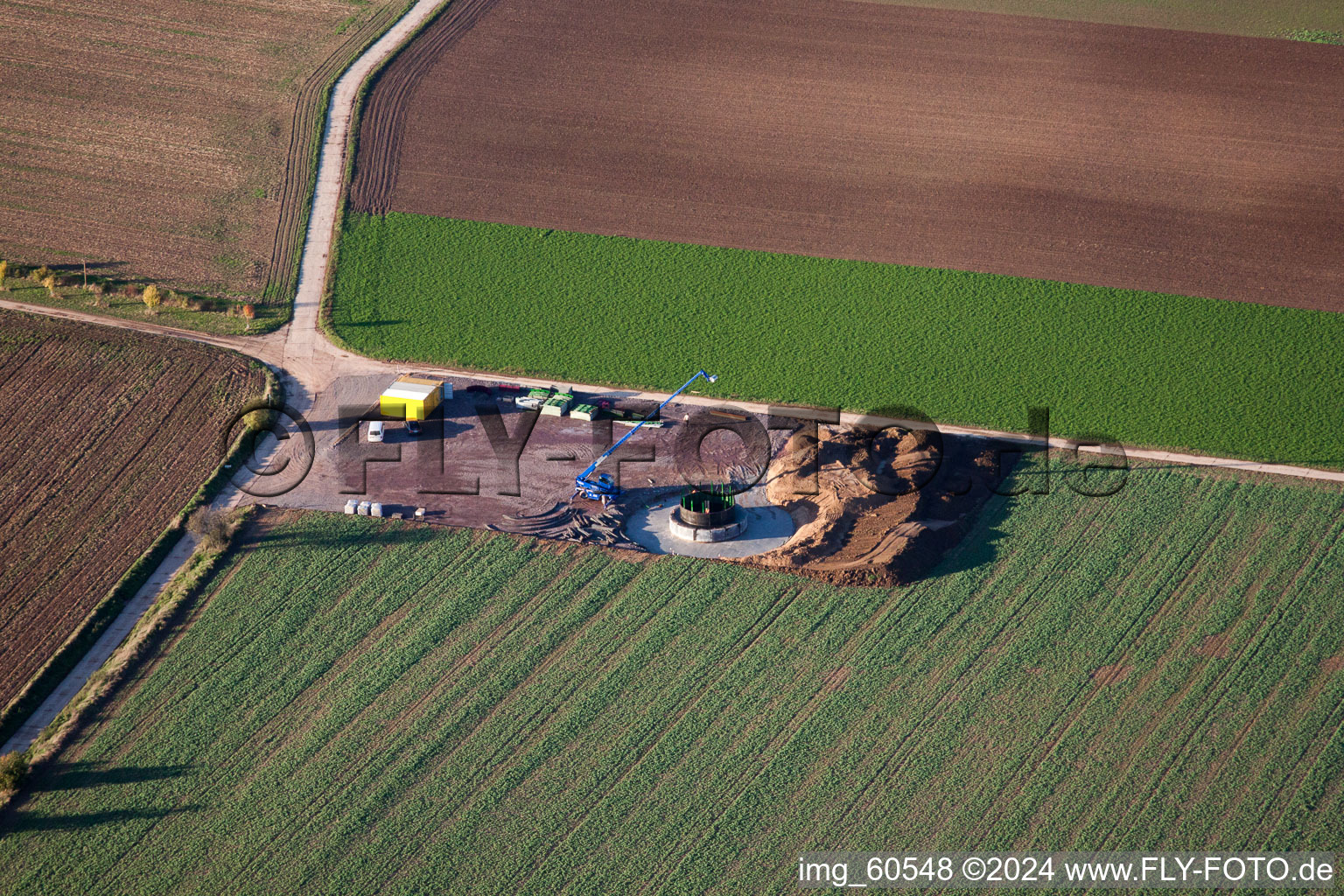 Aerial photograpy of Wind turbine foundations in Offenbach an der Queich in the state Rhineland-Palatinate, Germany