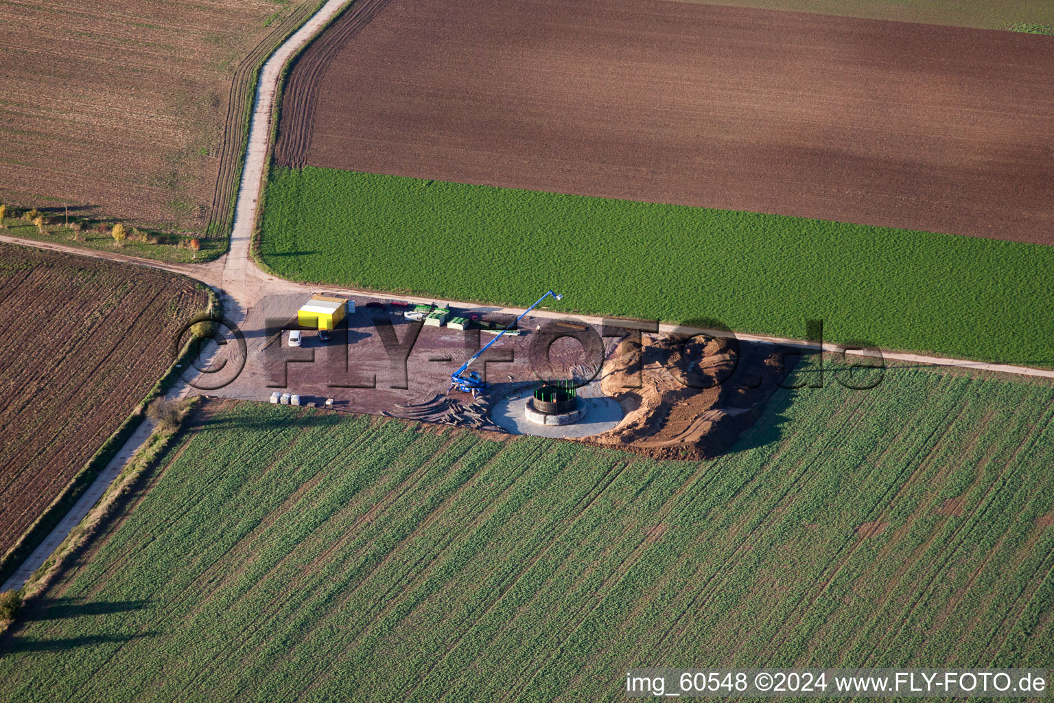 Aerial photograpy of Wind turbine foundations in the district Offenbach in Offenbach an der Queich in the state Rhineland-Palatinate, Germany