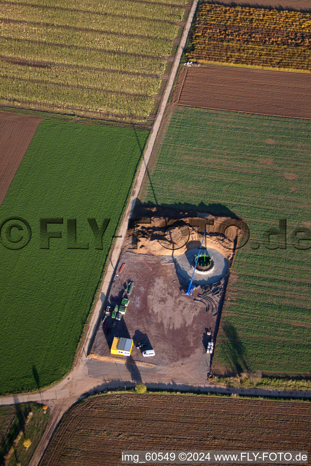 Oblique view of Wind turbine foundations in Offenbach an der Queich in the state Rhineland-Palatinate, Germany