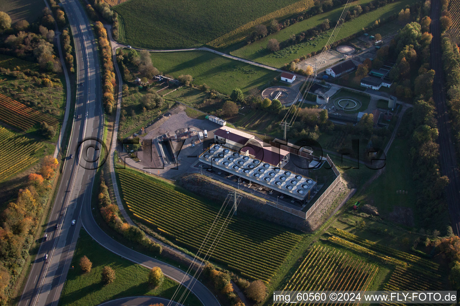 Power plants of thermal power station Geothermiekraftwerk in Insheim in the state Rhineland-Palatinate, Germany from above