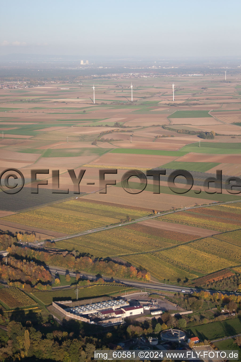 Thermal power plant in Insheim, then wind turbines in Offenbach and at the horizon the nuclear power plant of Philippsburg in the state Rhineland-Palatinate, Germany