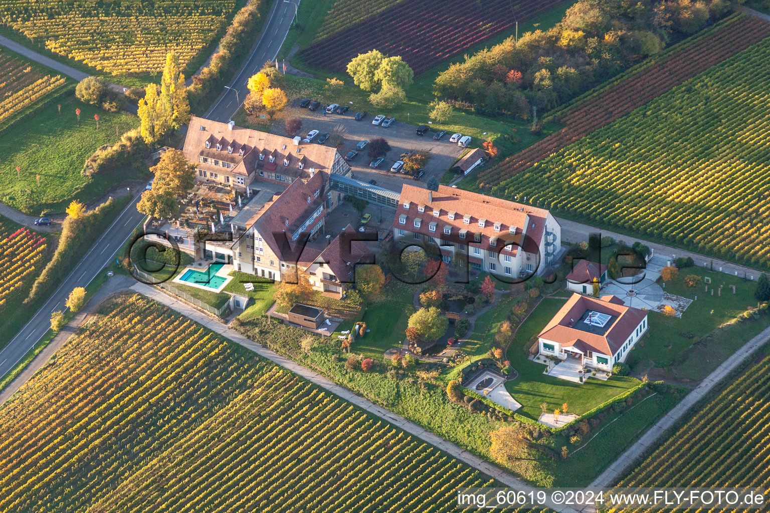 Complex of the hotel building Leinsweiler Hof in Leinsweiler in the state Rhineland-Palatinate, Germany seen from above