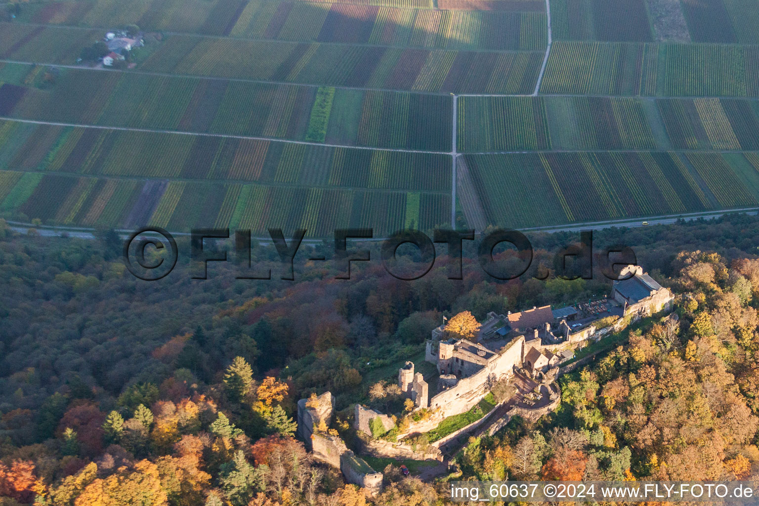 Drone recording of Madenburg in Eschbach in the state Rhineland-Palatinate, Germany