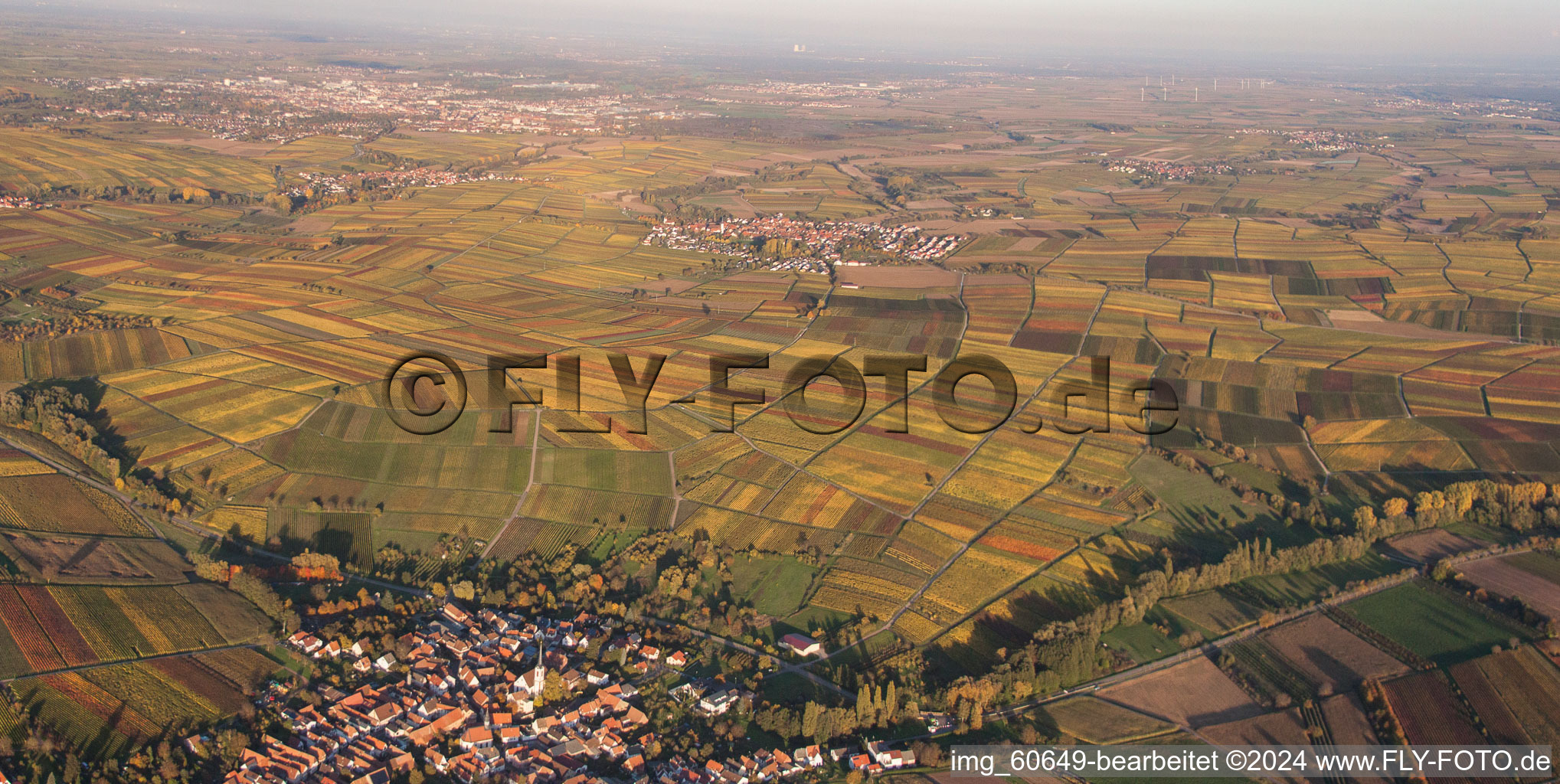 Panoramic perspective of Village - view on the edge of agricultural fields and farmland in Goecklingen in fall and evening colours in the state Rhineland-Palatinate, Germany