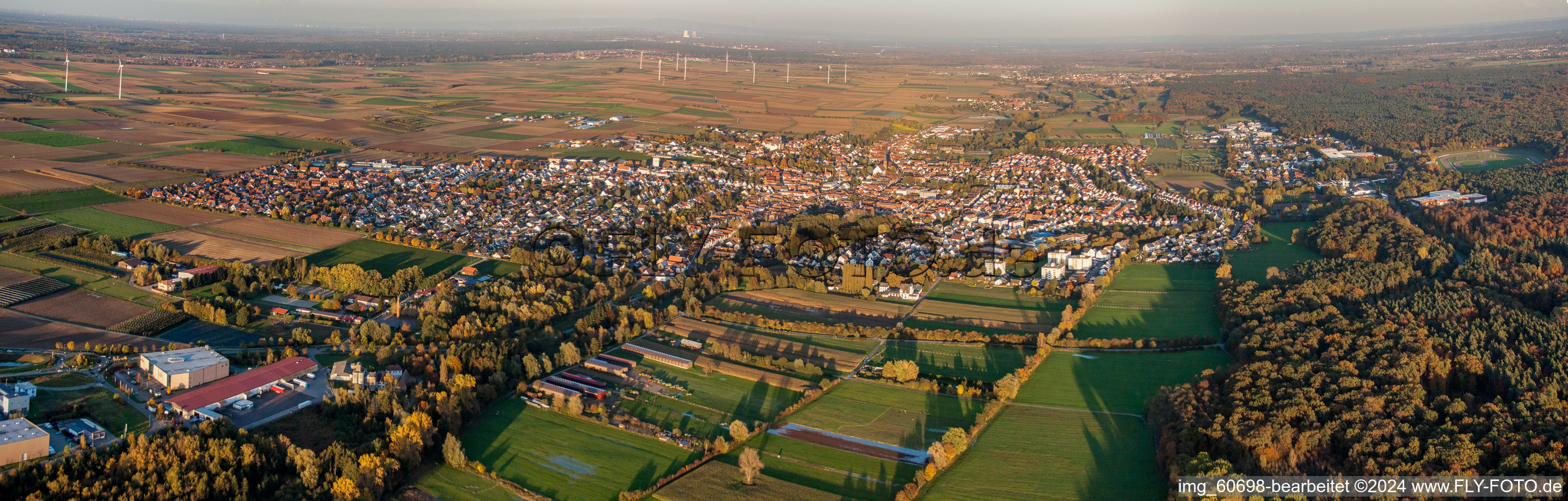 Panoramic perspective Town View of the streets and houses of the residential areas in Herxheim bei Landau (Pfalz) in the state Rhineland-Palatinate, Germany from above