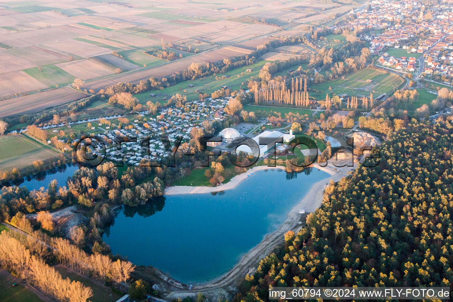 Aerial view of Sandy beach areas on the Freizeitzentrum Moby Dick in Ruelzheim in the state Rhineland-Palatinate, Germany