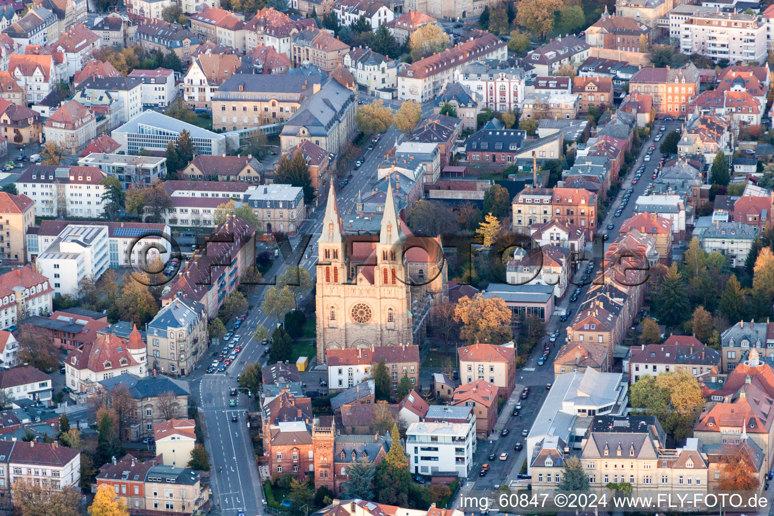 Aerial photograpy of Church building in von  Old Town- center of downtown in Landau in der Pfalz in the state Rhineland-Palatinate, Germany