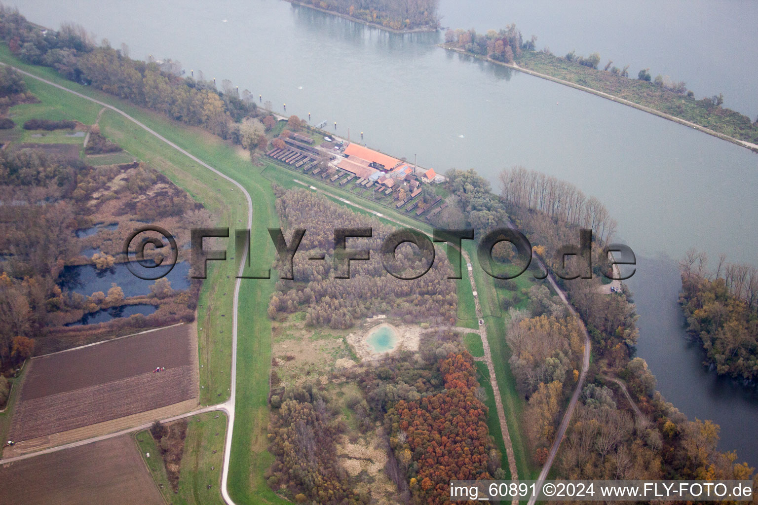 Aerial view of Old brickworks on the Rhine in the district Sondernheim in Germersheim in the state Rhineland-Palatinate, Germany