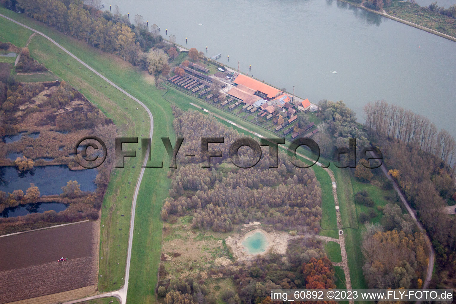 Aerial photograpy of Old brickworks on the Rhine in the district Sondernheim in Germersheim in the state Rhineland-Palatinate, Germany