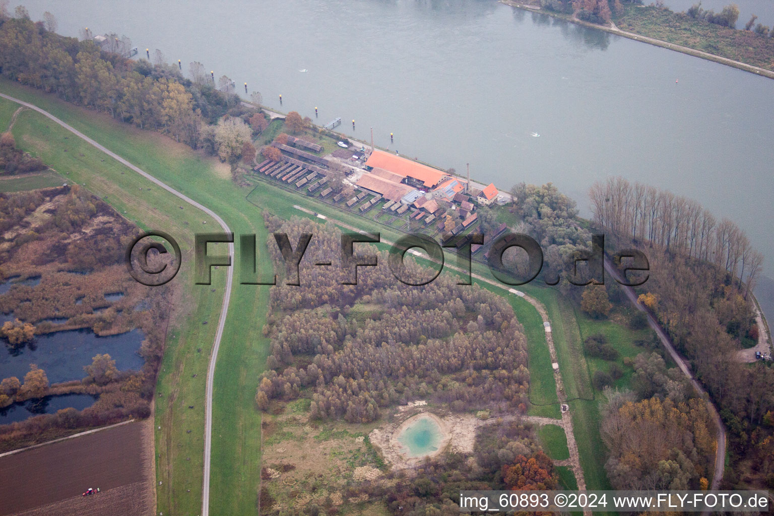 Oblique view of Old brickworks on the Rhine in the district Sondernheim in Germersheim in the state Rhineland-Palatinate, Germany