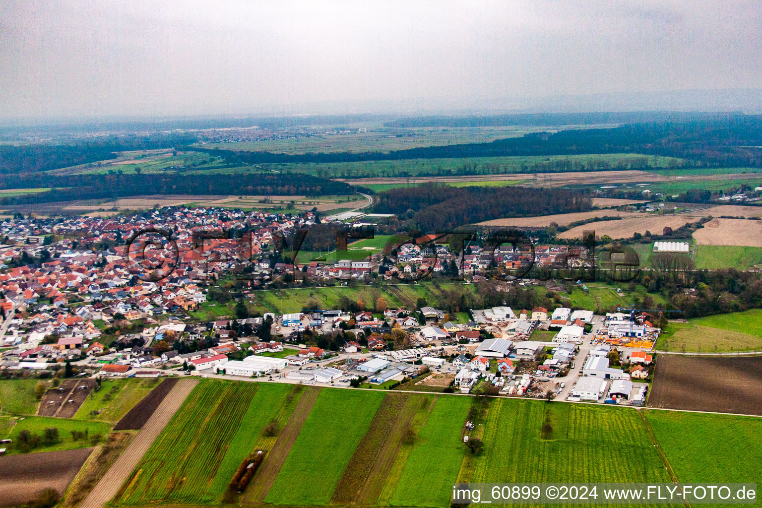 Aerial view of Krautstückerweg commercial area in the district Liedolsheim in Dettenheim in the state Baden-Wuerttemberg, Germany