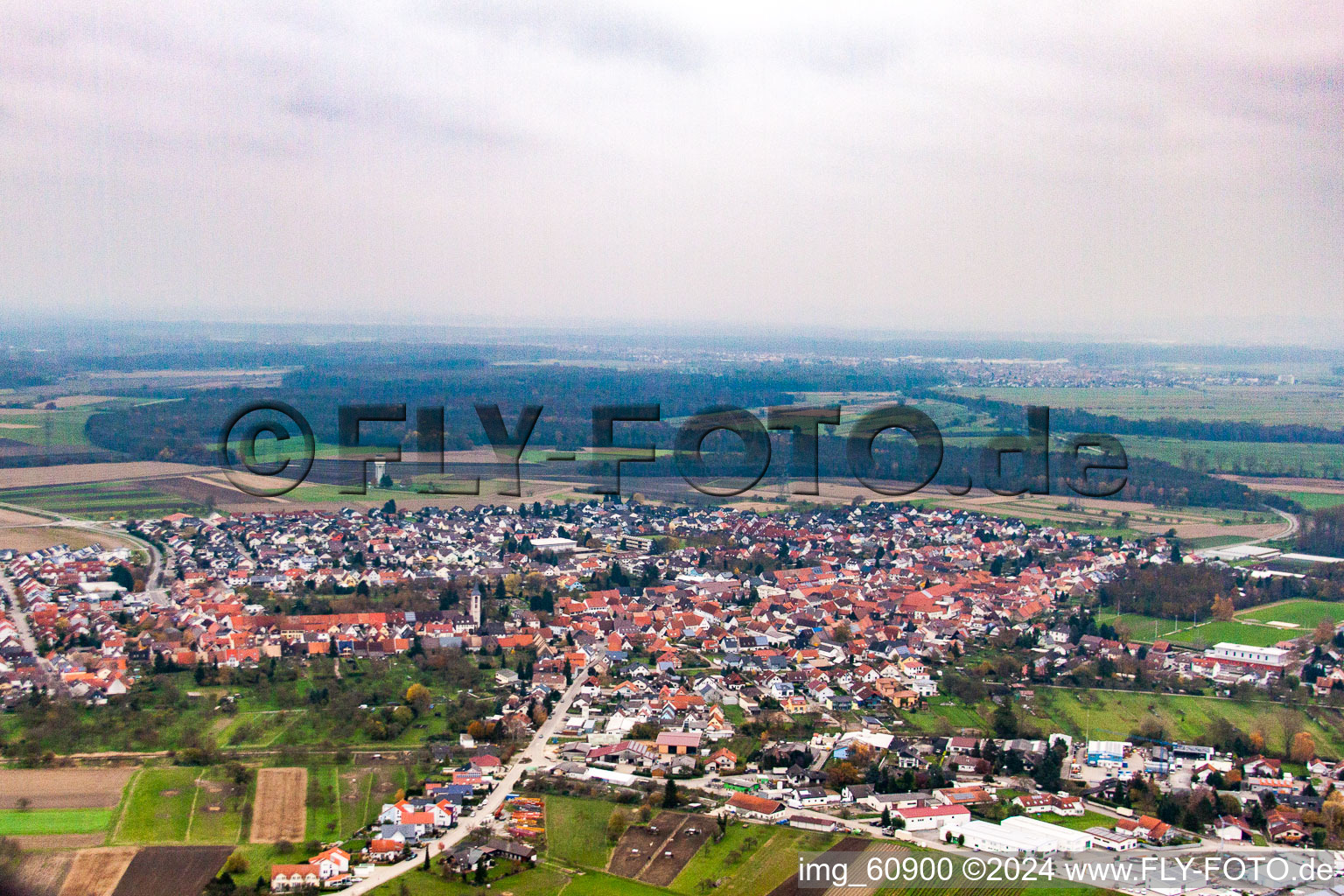 Oblique view of From the west in the district Liedolsheim in Dettenheim in the state Baden-Wuerttemberg, Germany