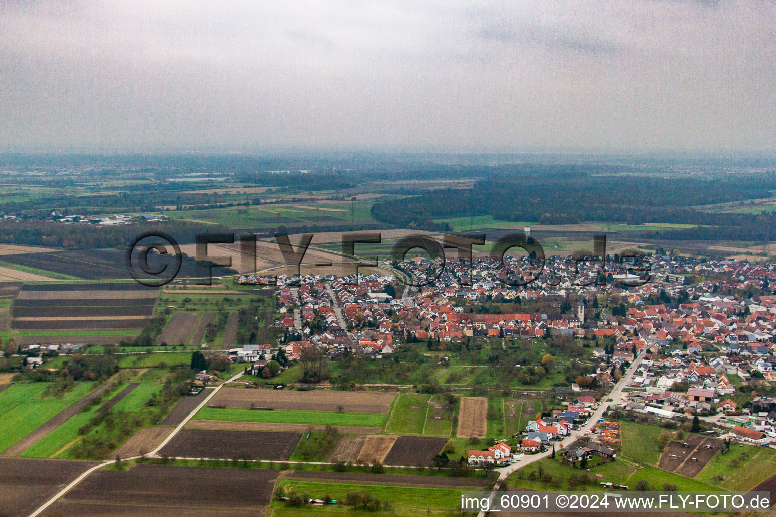 Drone recording of District Liedolsheim in Dettenheim in the state Baden-Wuerttemberg, Germany