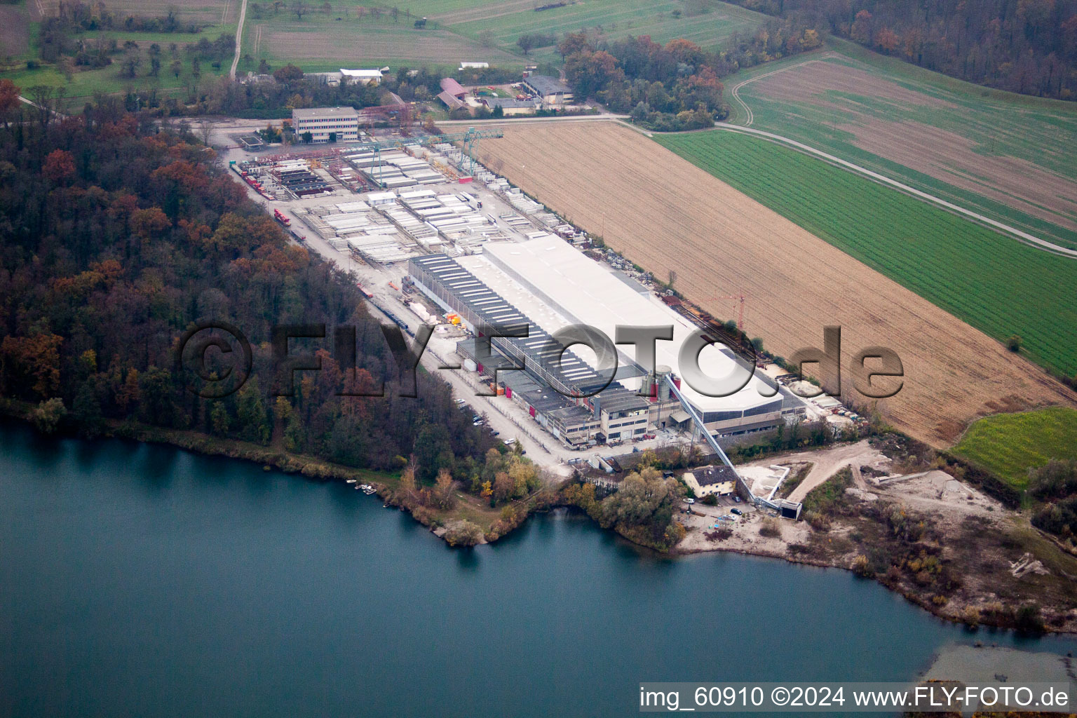 Aerial view of Mixed concrete and building materials factory of Betonfertigteilewerk Linkenheim GmbH & Co. KG in Linkenheim-Hochstetten in the state Baden-Wurttemberg